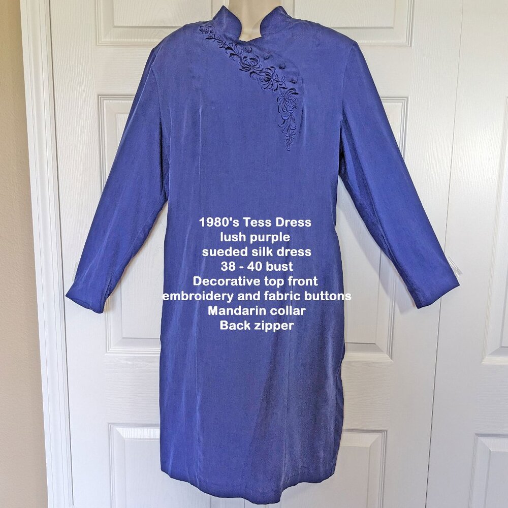 1980s Tess Dress lush purple sueded silk dress 38 - 40 bust, Decorative top trim